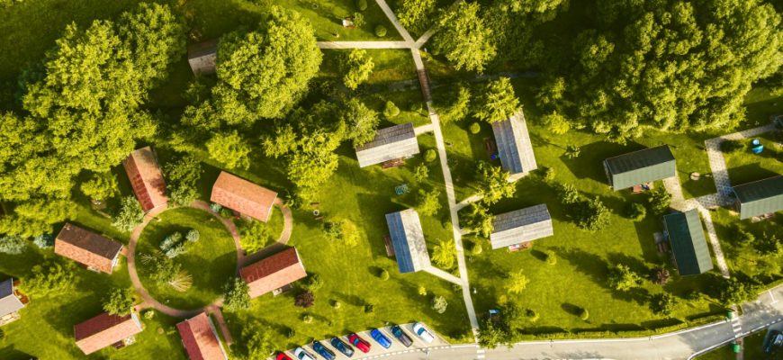 aerial view homes residential community subdivision upscale area ecological living natural environment with lots greenery park